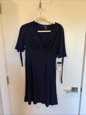 Chaps Navy White Polka Dot Wrap-Style Dress